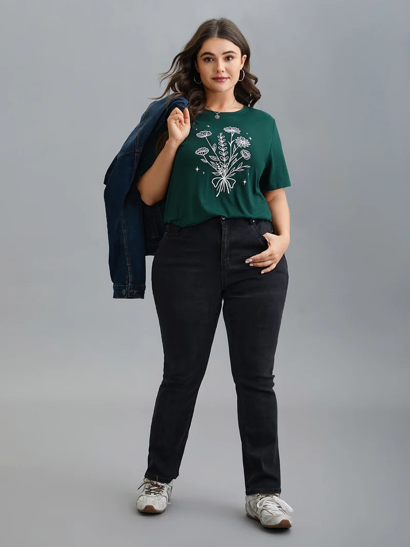Floral Motif Round Neck Fitted T-Shirt
