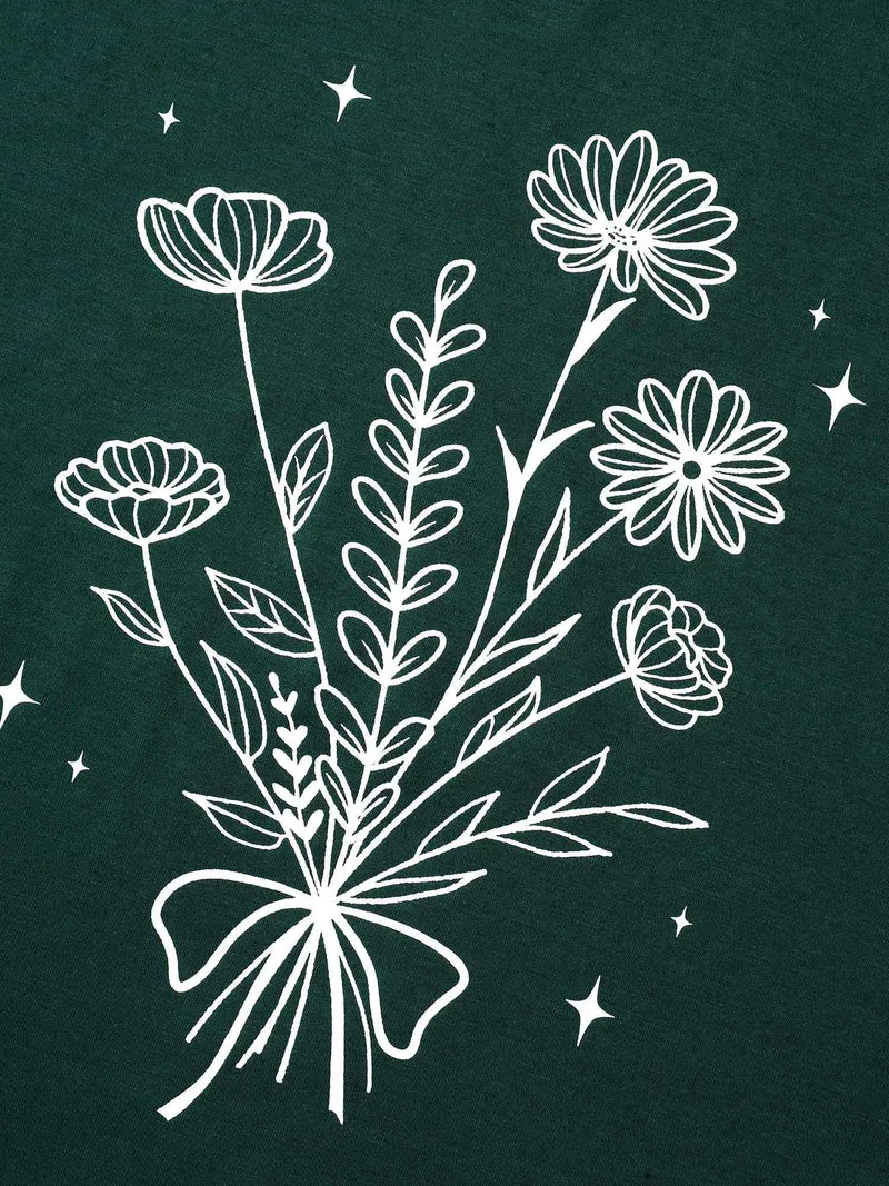 Floral Motif Round Neck Fitted T-Shirt