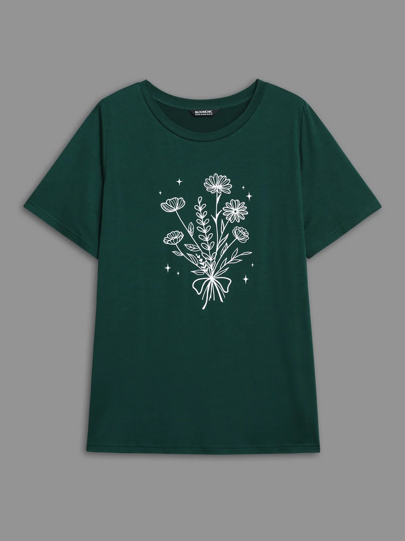 Floral Motif Round Neck Fitted T-Shirt