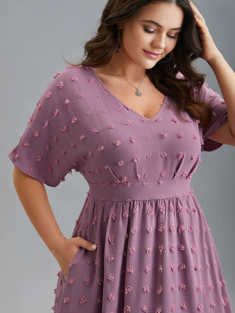 V-Neck Textured Batwing Sleeve Midi Dress