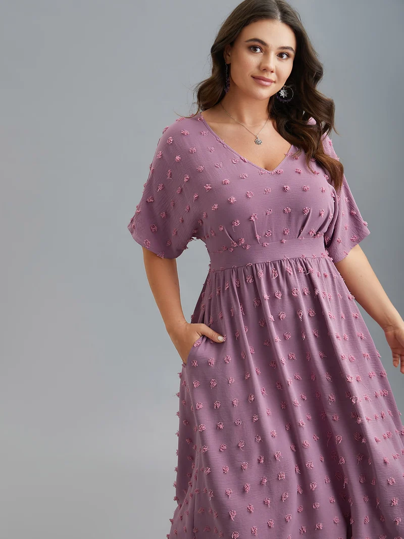 V-Neck Textured Batwing Sleeve Midi Dress