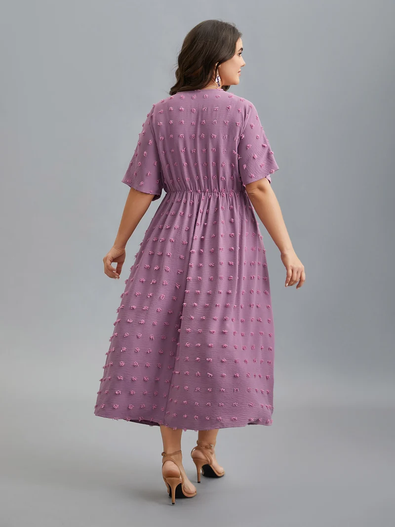 V-Neck Textured Batwing Sleeve Midi Dress