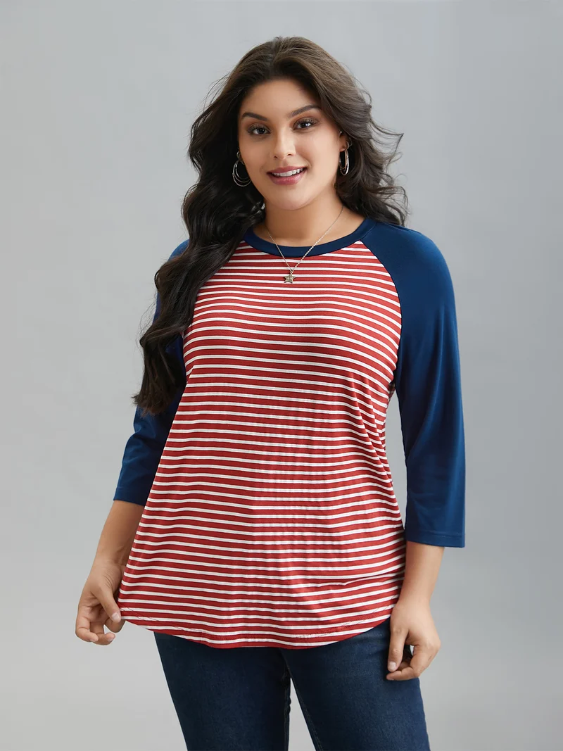 Color-Block Striped Raglan Sleeve T-Shirt