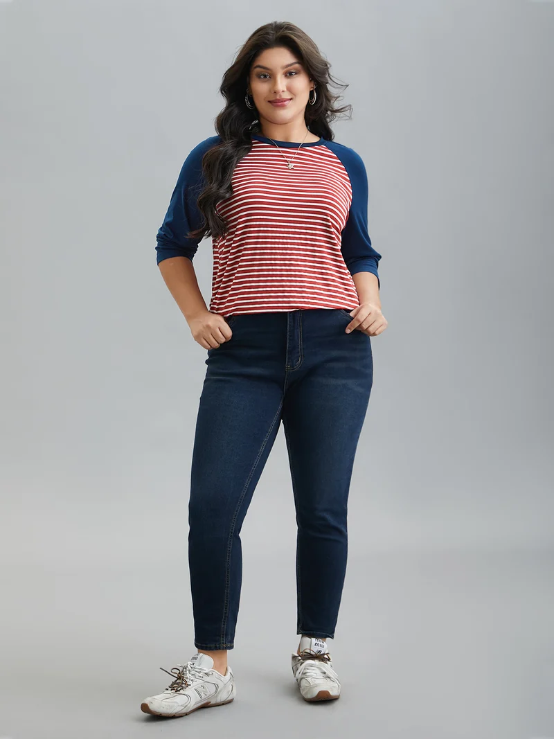 Color-Block Striped Raglan Sleeve T-Shirt