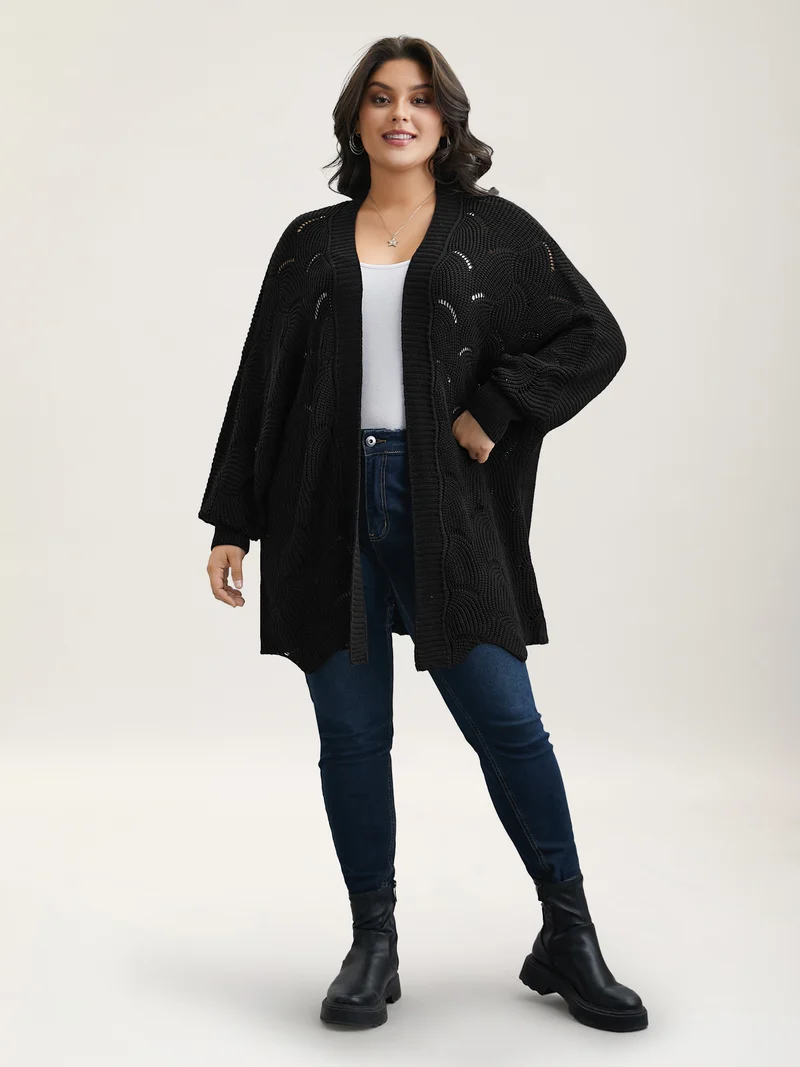 Textured Cut-Out Open-Front Cardigan