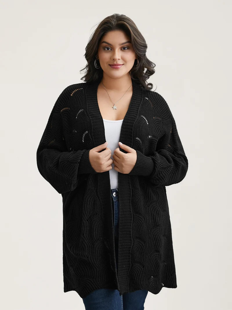 Textured Cut-Out Open-Front Cardigan