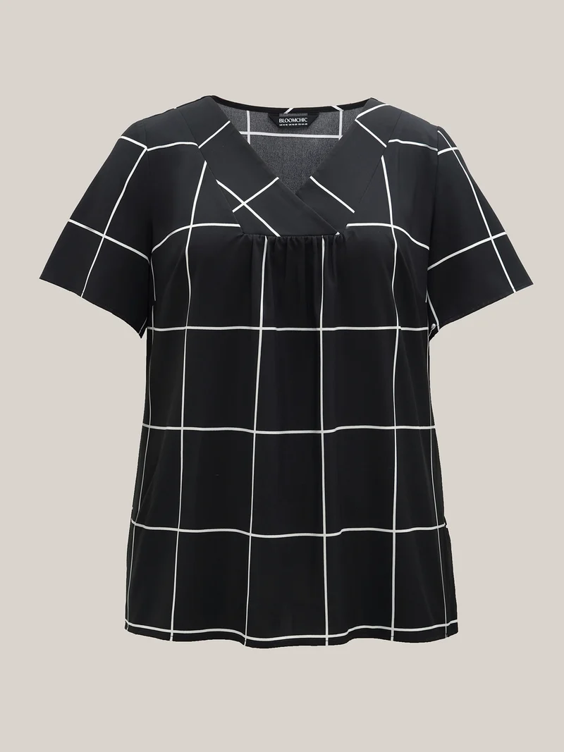 Plaid Crumpled V-Neck Fitted Shirt