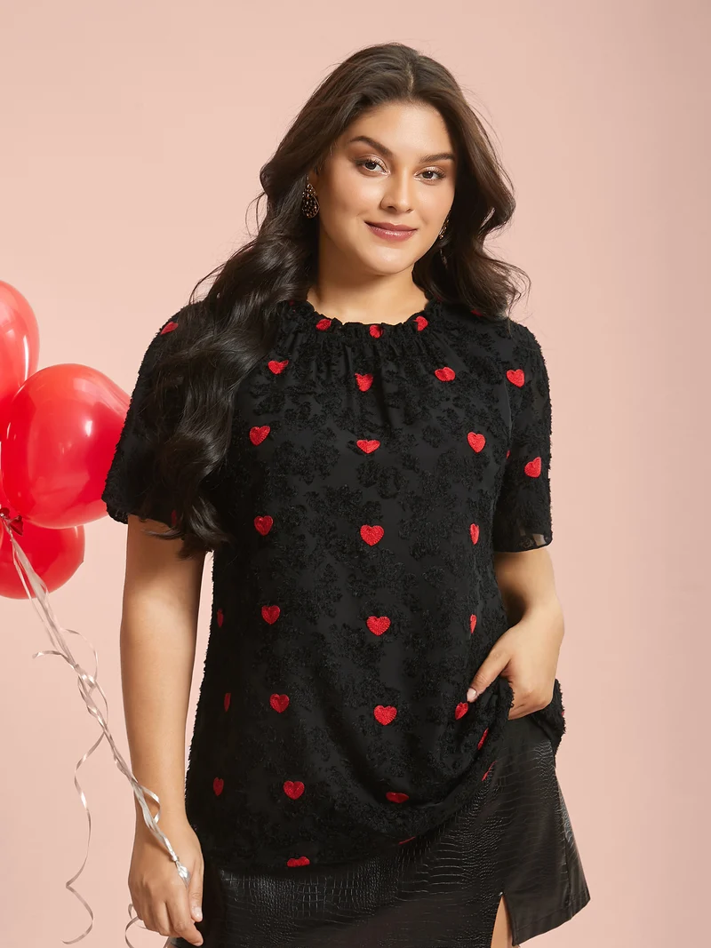 Heart Jacquard Frill Trim Textured Blouse
