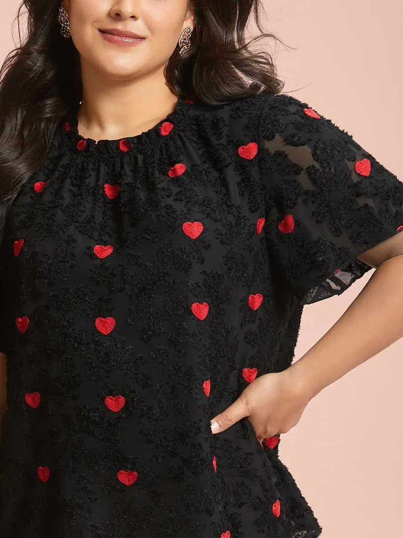 Heart Jacquard Frill Trim Textured Blouse