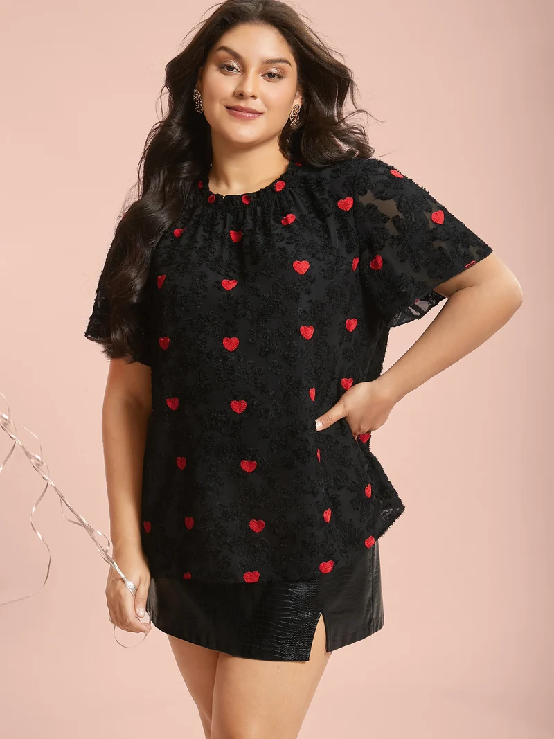 Heart Jacquard Frill Trim Textured Blouse