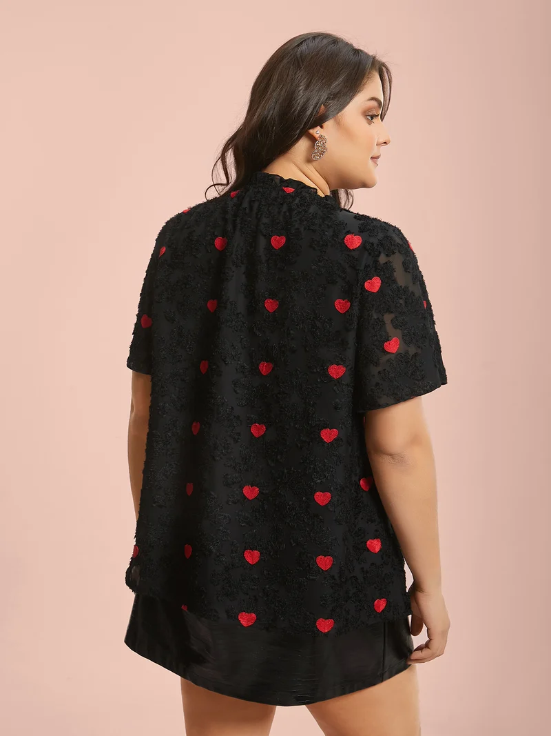 Heart Jacquard Frill Trim Textured Blouse