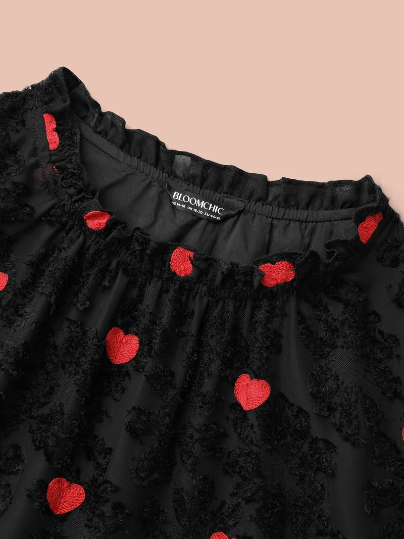 Heart Jacquard Frill Trim Textured Blouse