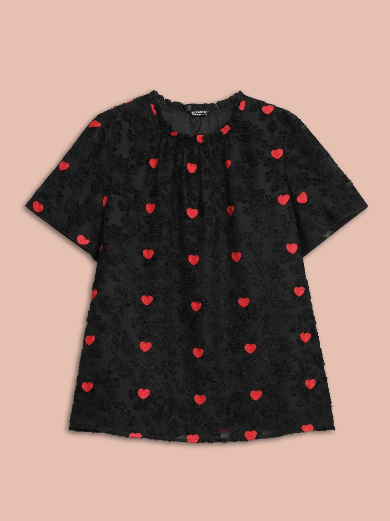 Heart Jacquard Frill Trim Textured Blouse
