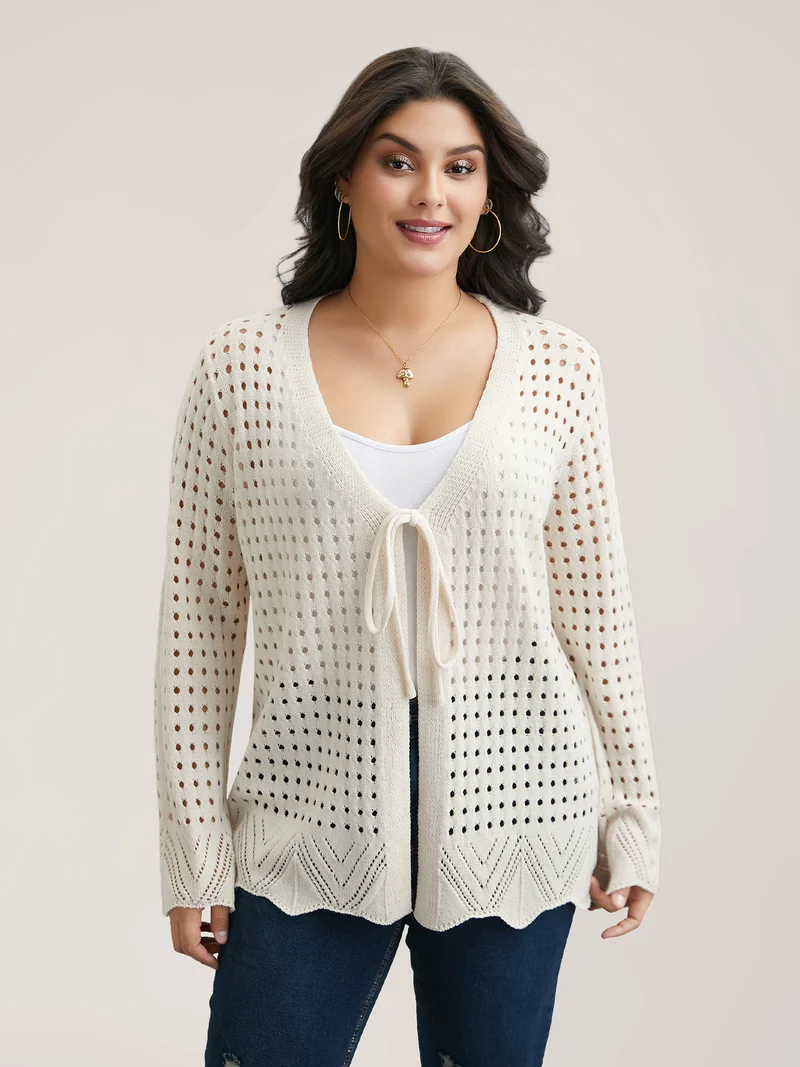 Cut-Out Neck Tie Knit Cardigan