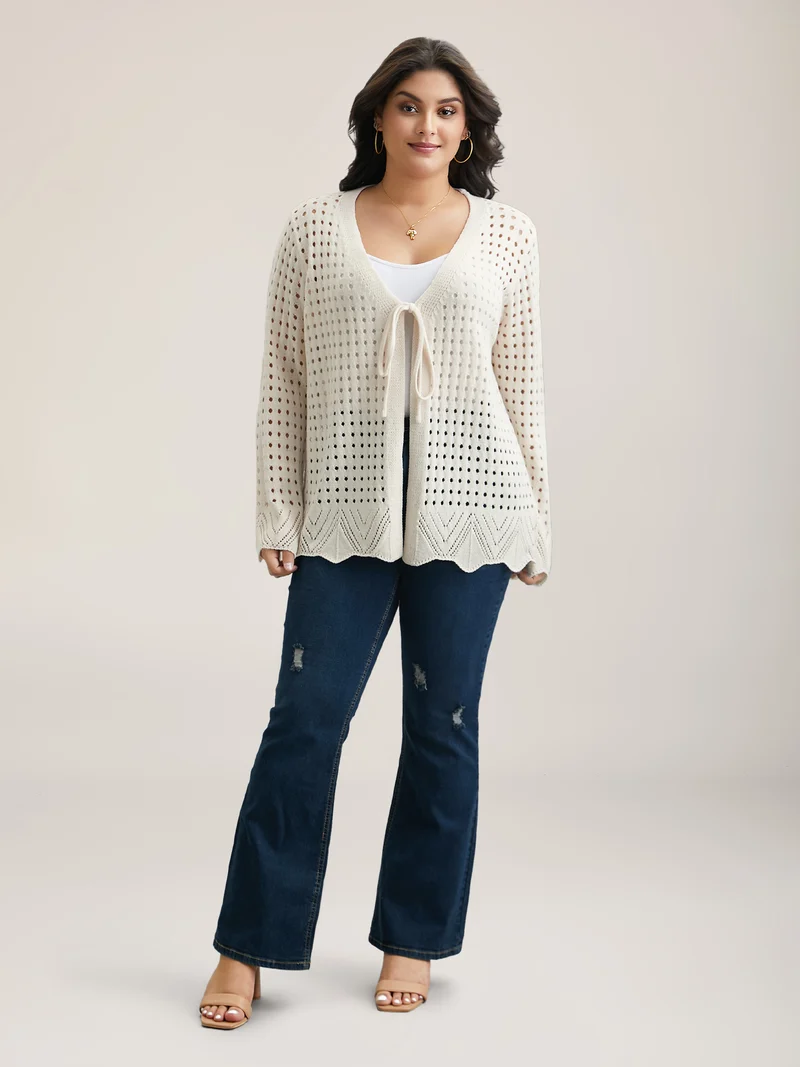 Cut-Out Neck Tie Knit Cardigan