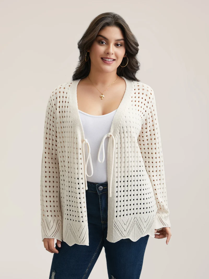 Cut-Out Neck Tie Knit Cardigan