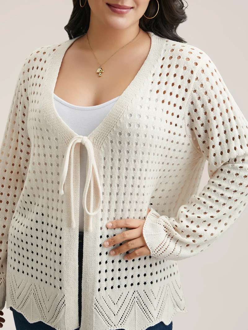 Cut-Out Neck Tie Knit Cardigan