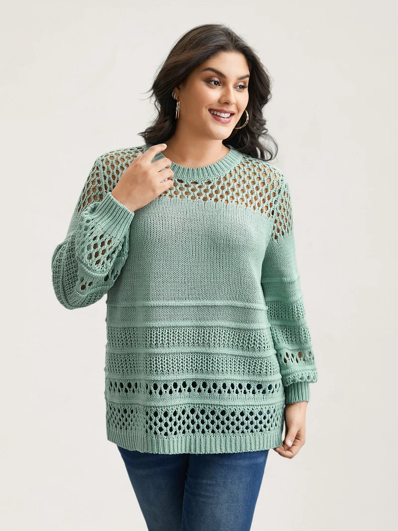 Textured Cut-Out Round Neck Pullover