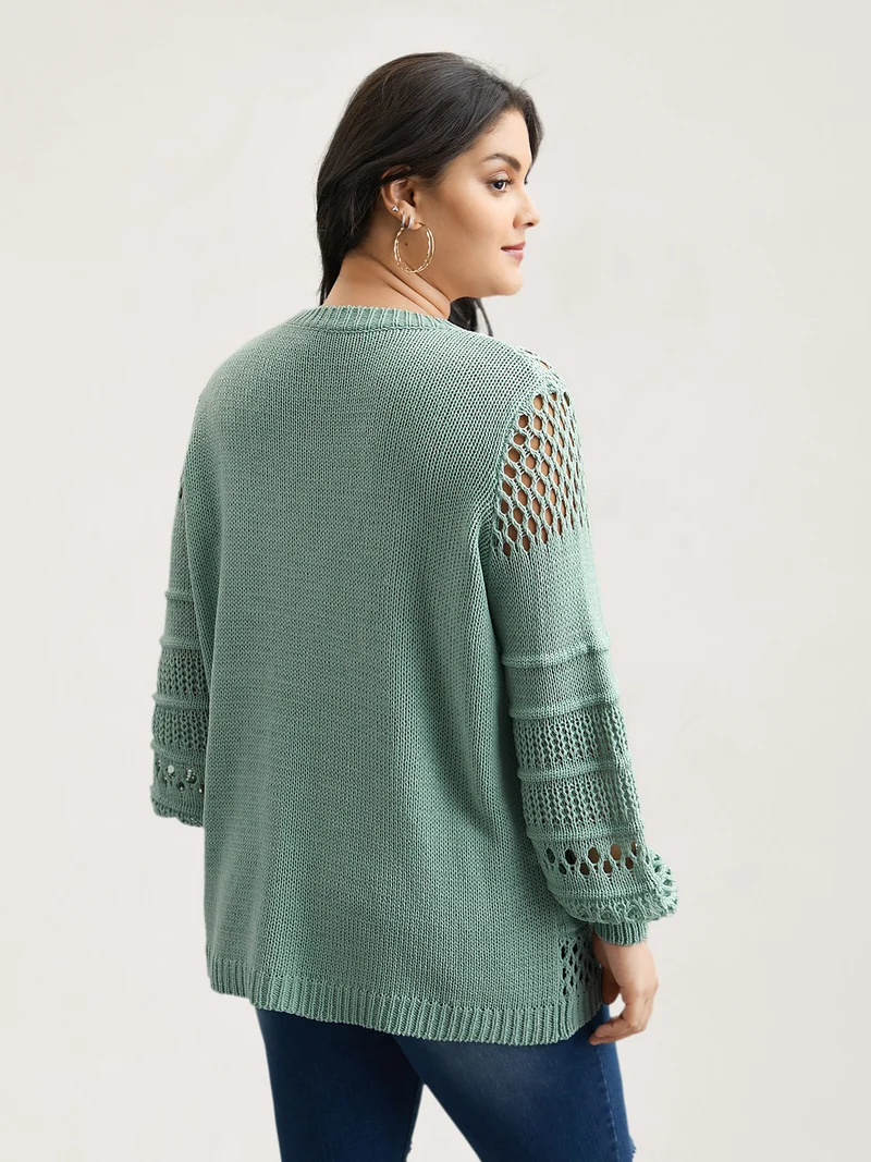 Textured Cut-Out Round Neck Pullover