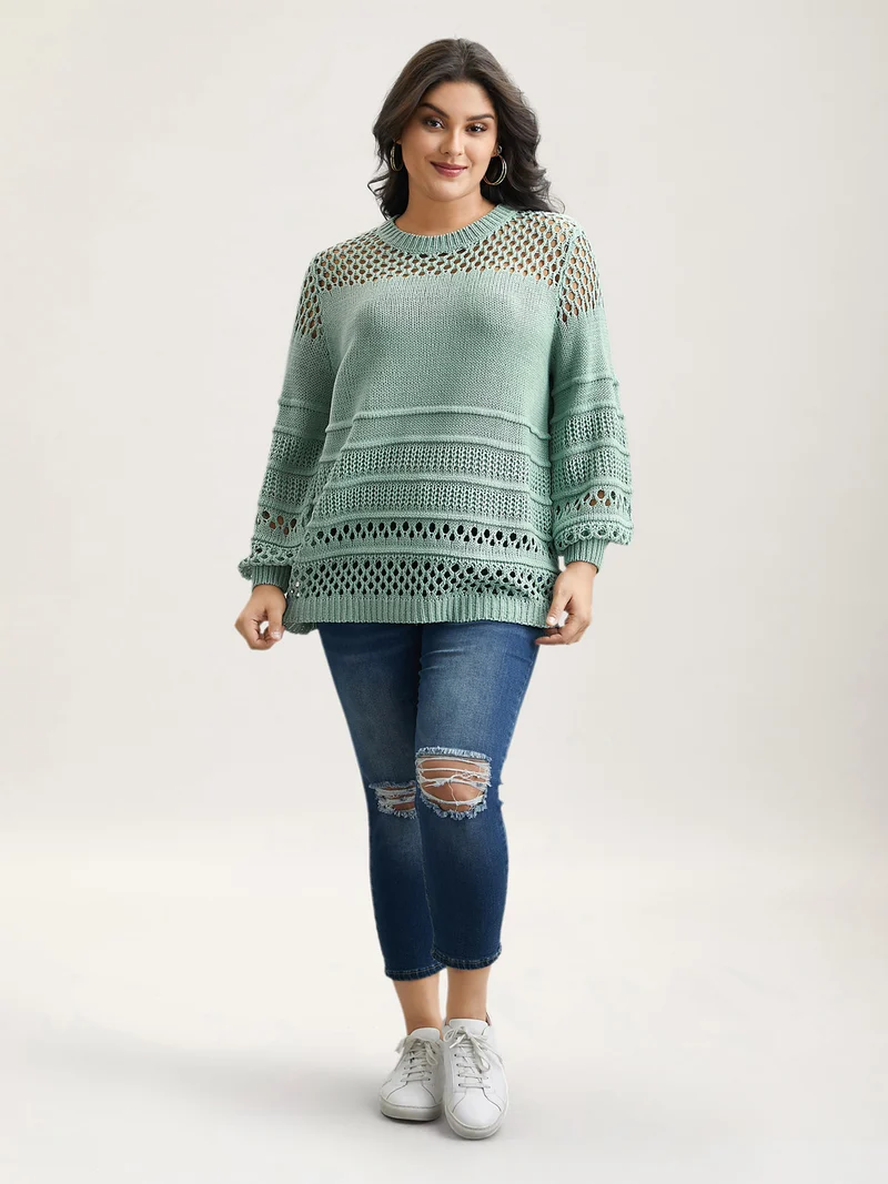 Textured Cut-Out Round Neck Pullover