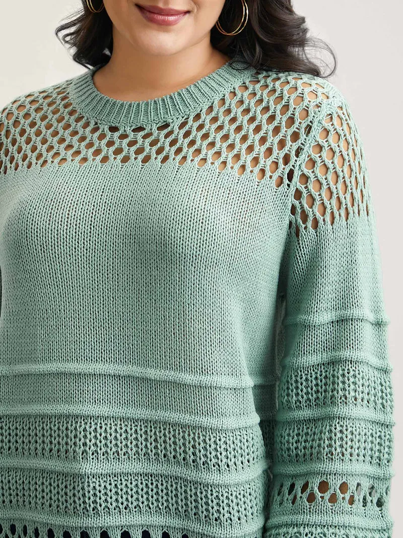 Textured Cut-Out Round Neck Pullover