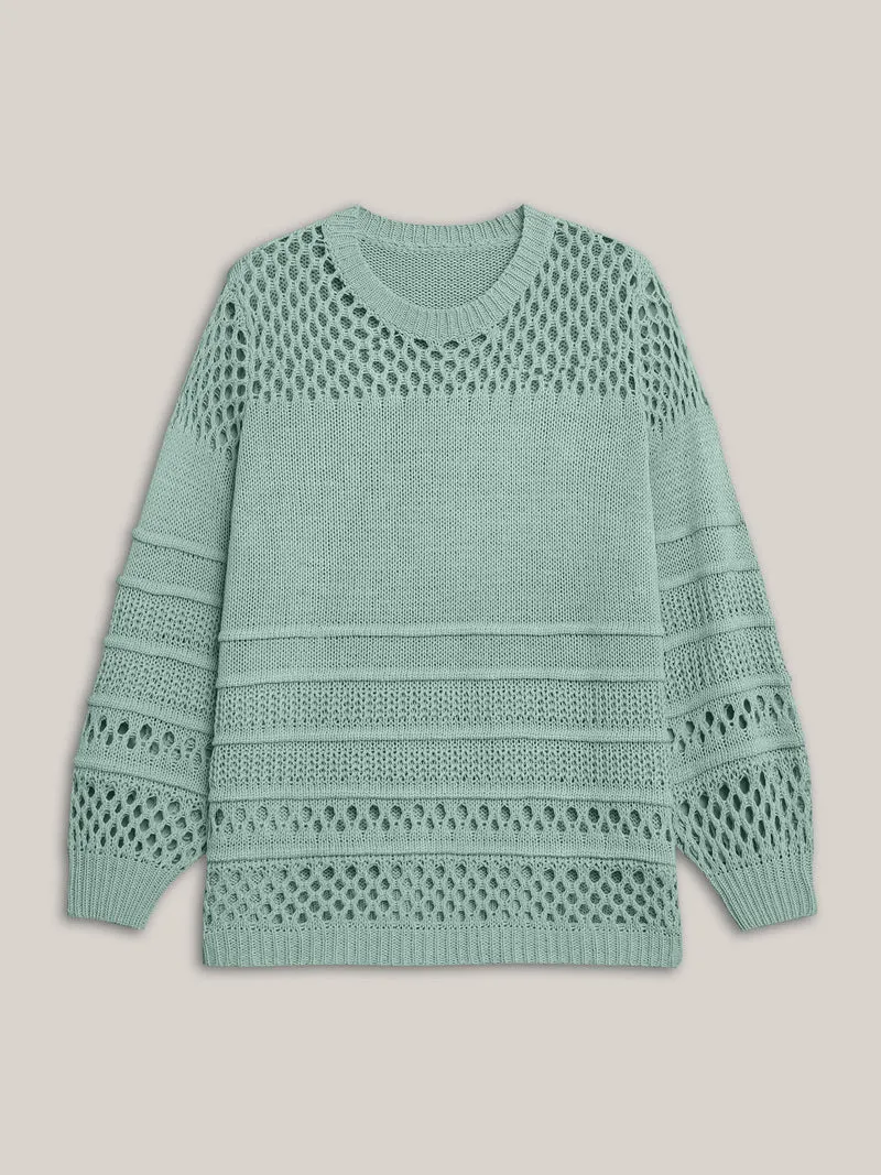 Textured Cut-Out Round Neck Pullover
