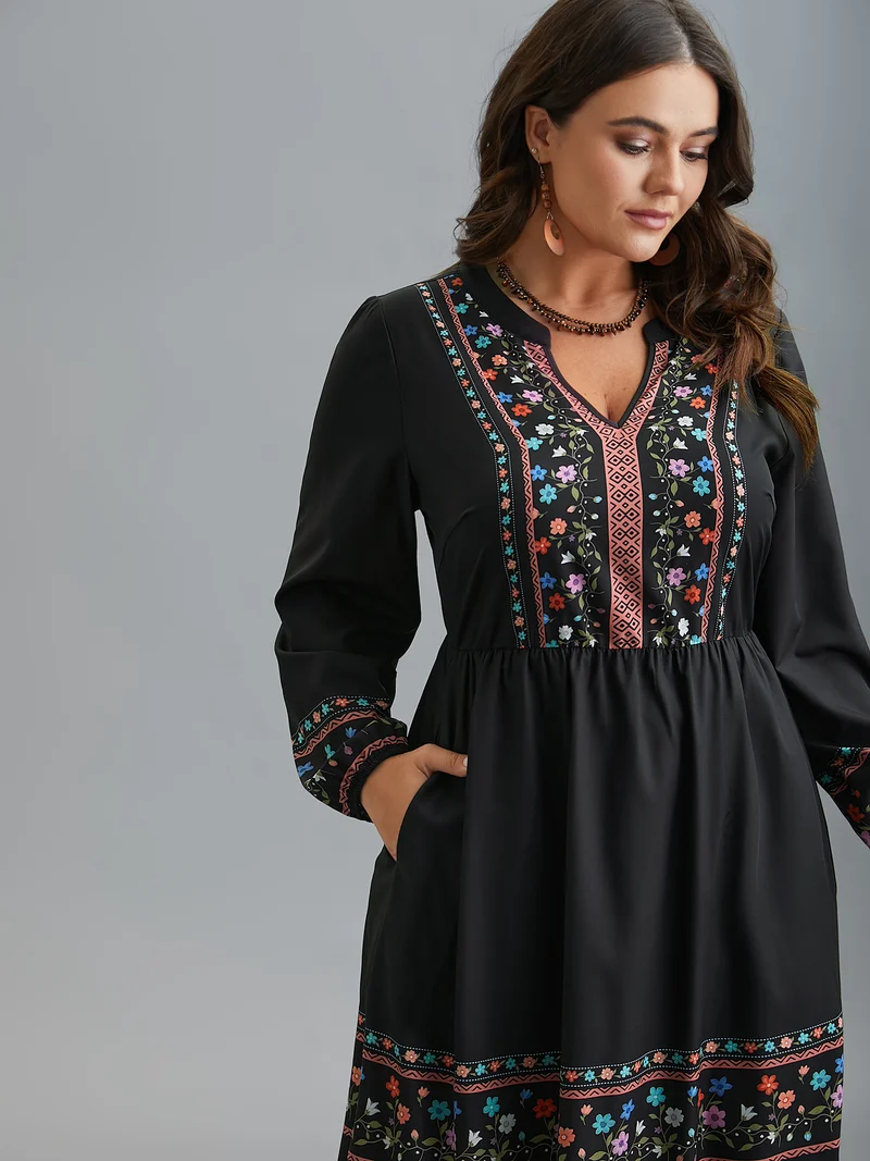 Notched Collar Boho Print Midi Dress