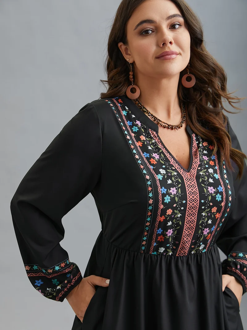 Notched Collar Boho Print Midi Dress
