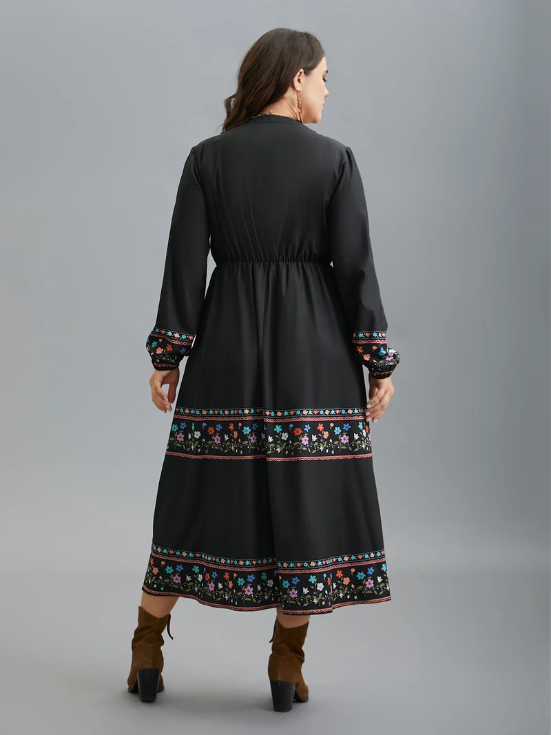 Notched Collar Boho Print Midi Dress