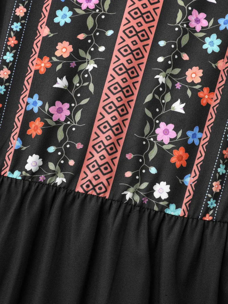 Notched Collar Boho Print Midi Dress