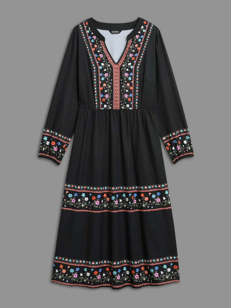 Notched Collar Boho Print Midi Dress