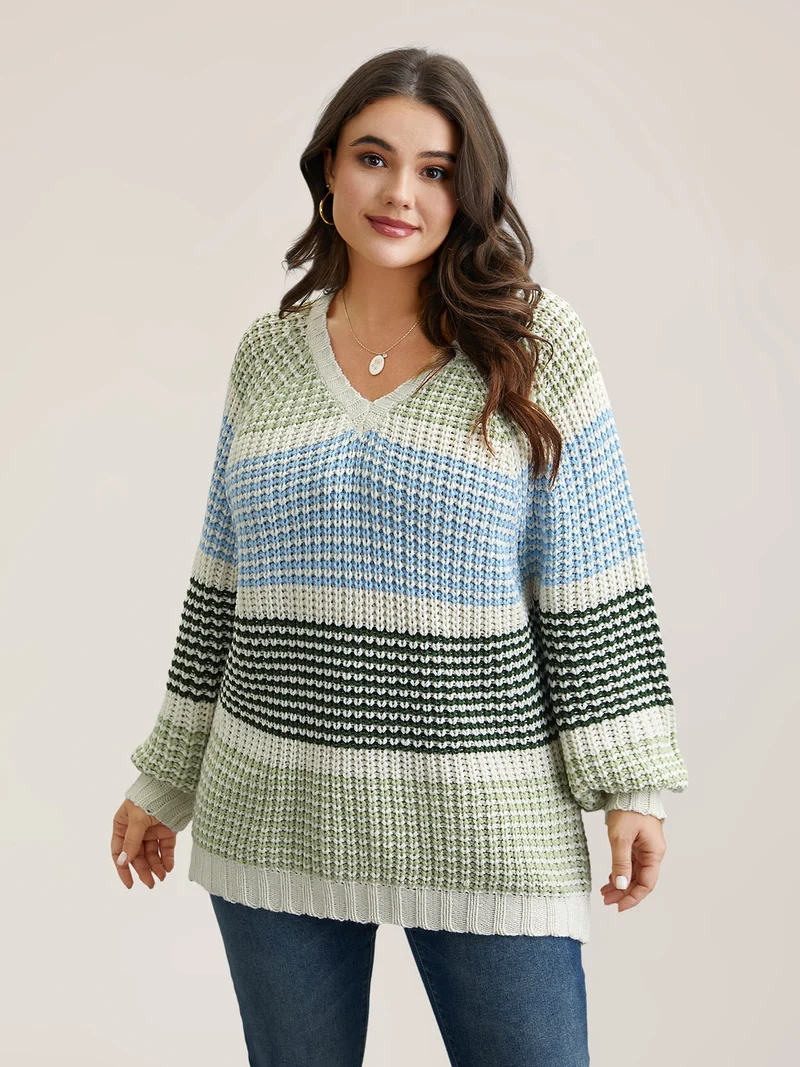 Color-Block Textured Balloon Sleeve Pullover