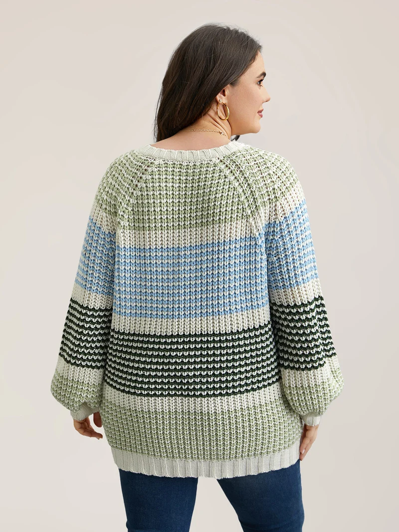 Color-Block Textured Balloon Sleeve Pullover