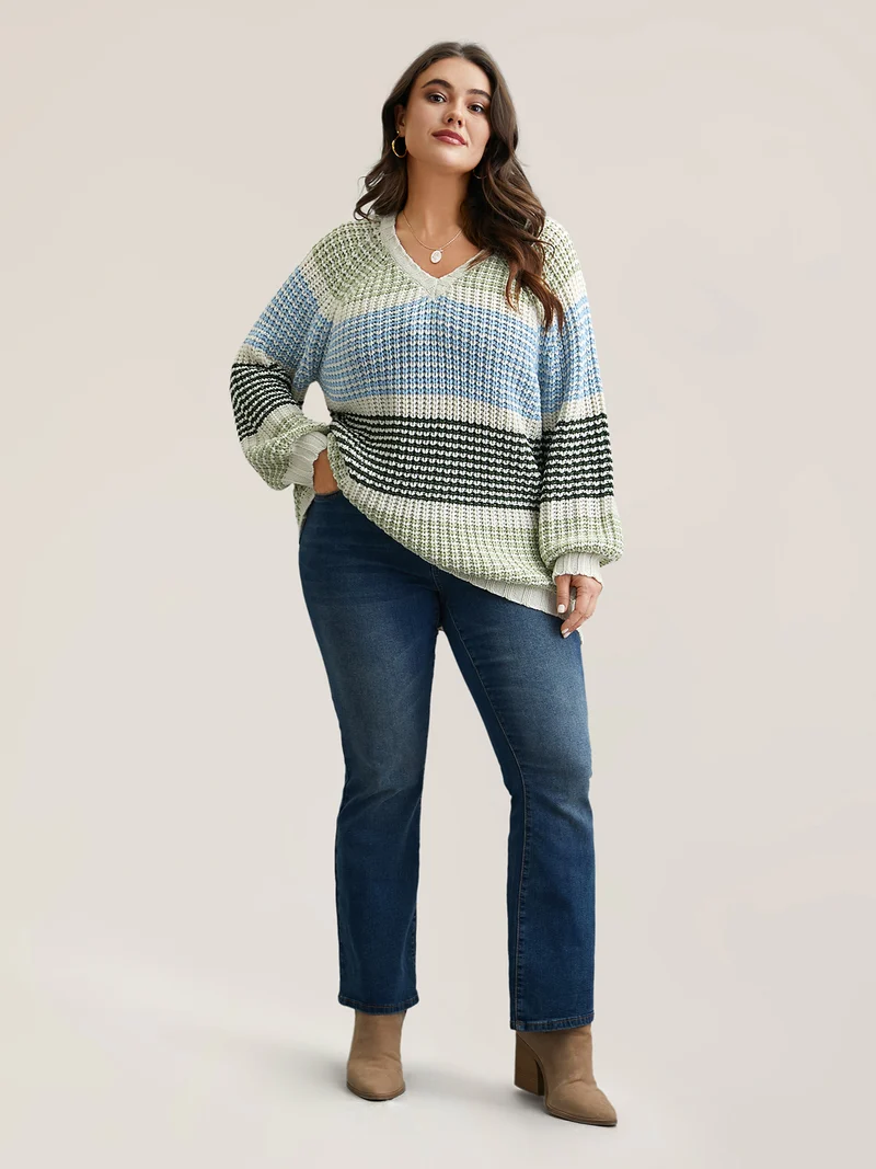Color-Block Textured Balloon Sleeve Pullover