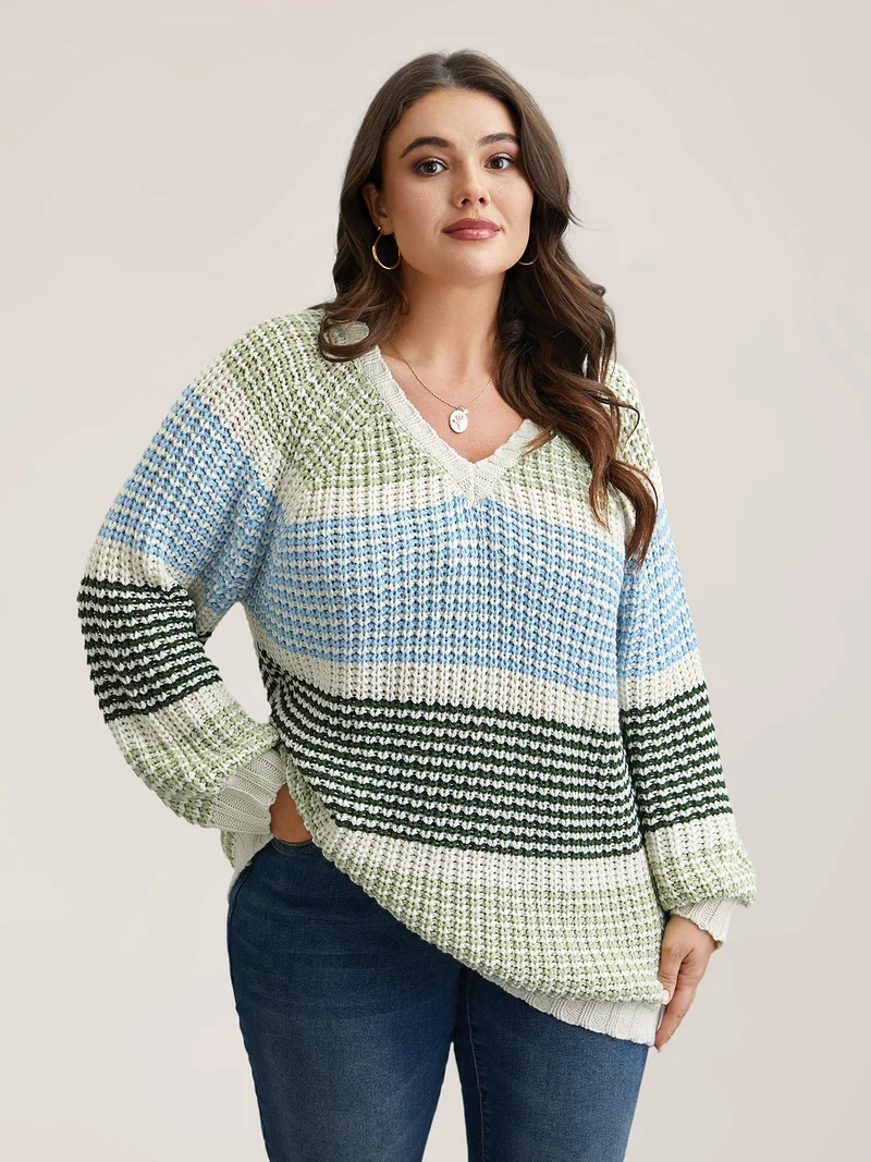 Color-Block Textured Balloon Sleeve Pullover
