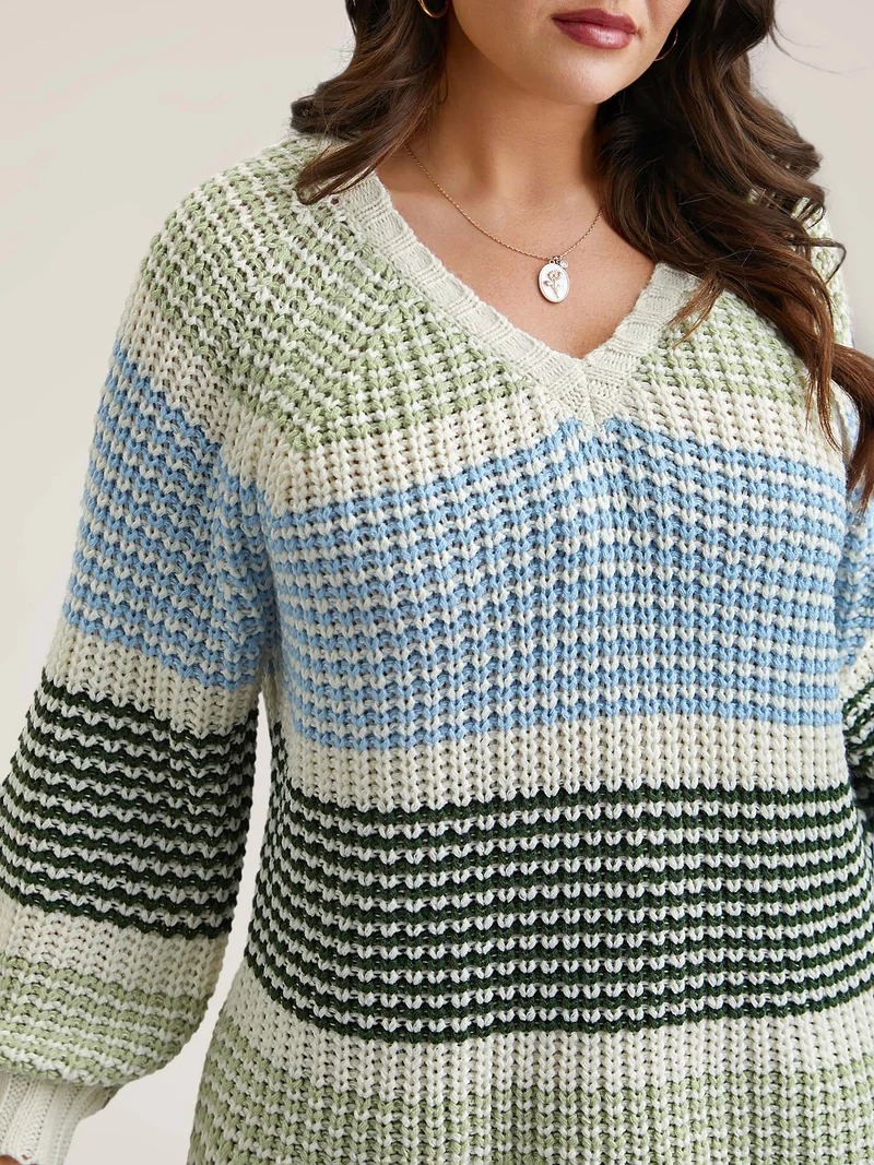 Color-Block Textured Balloon Sleeve Pullover