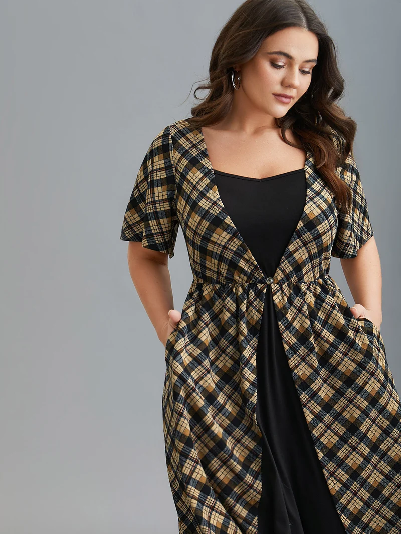 Plaid Color-Block Ruched Open Midi Dress