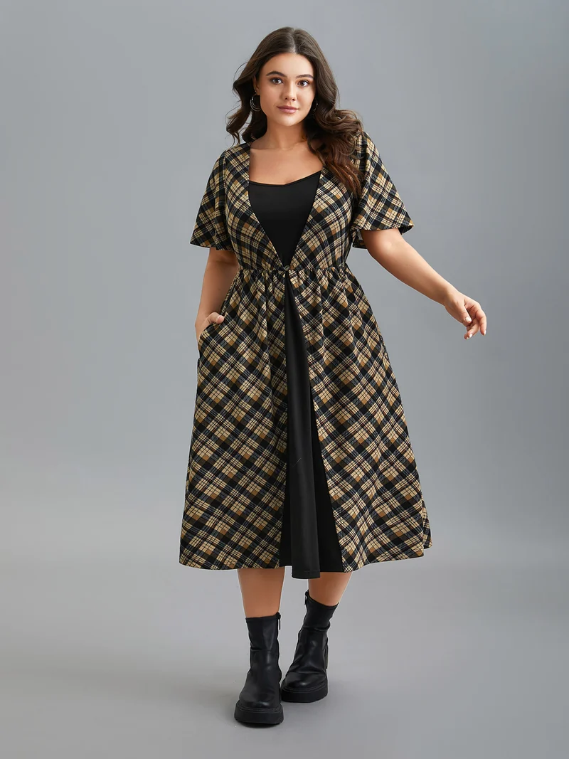 Plaid Color-Block Ruched Open Midi Dress