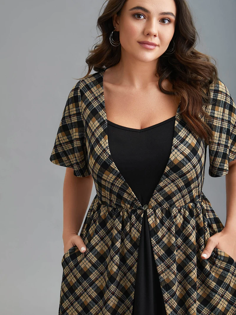 Plaid Color-Block Ruched Open Midi Dress