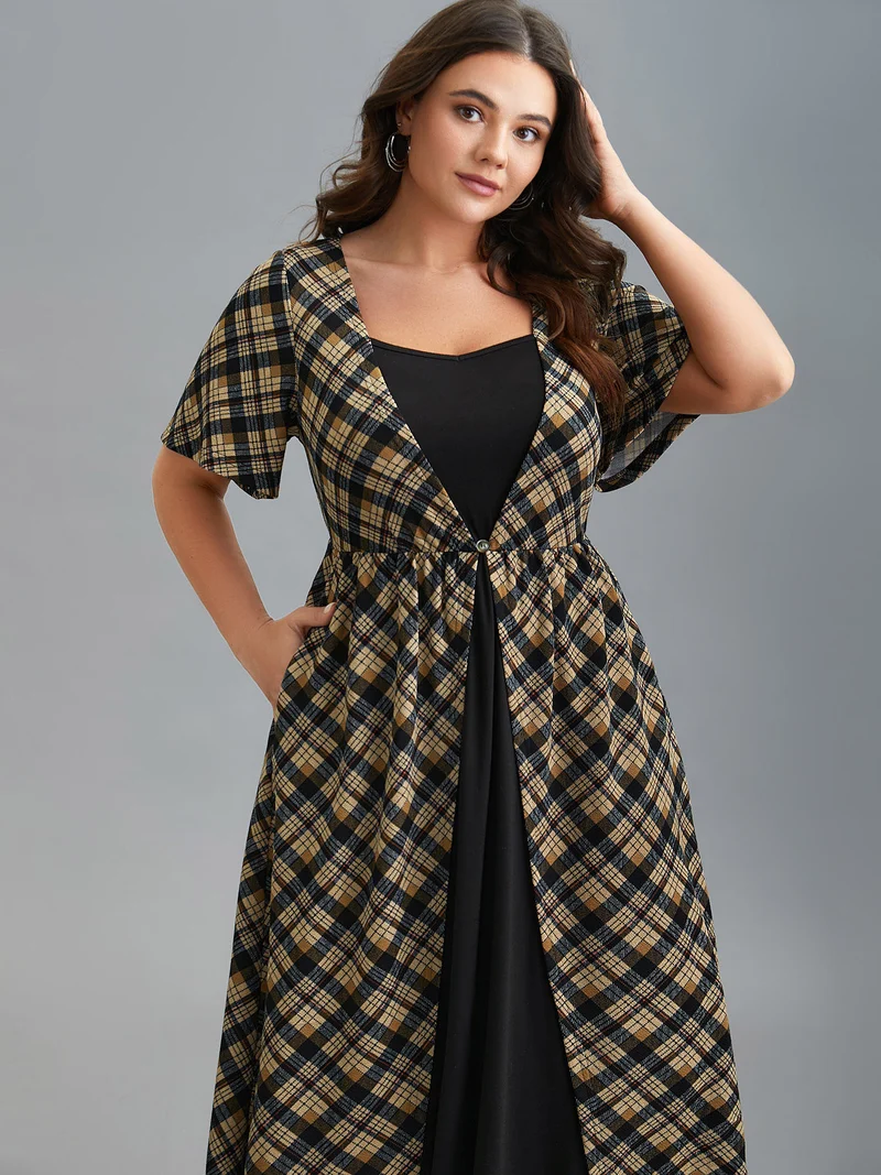 Plaid Color-Block Ruched Open Midi Dress