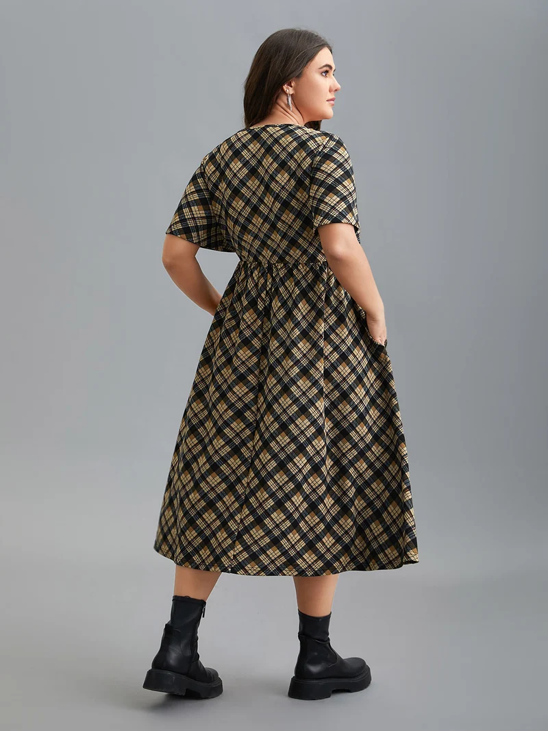 Plaid Color-Block Ruched Open Midi Dress