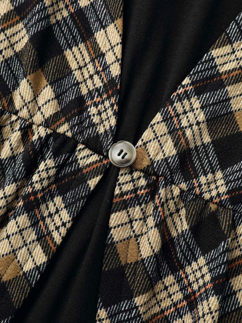 Plaid Color-Block Ruched Open Midi Dress