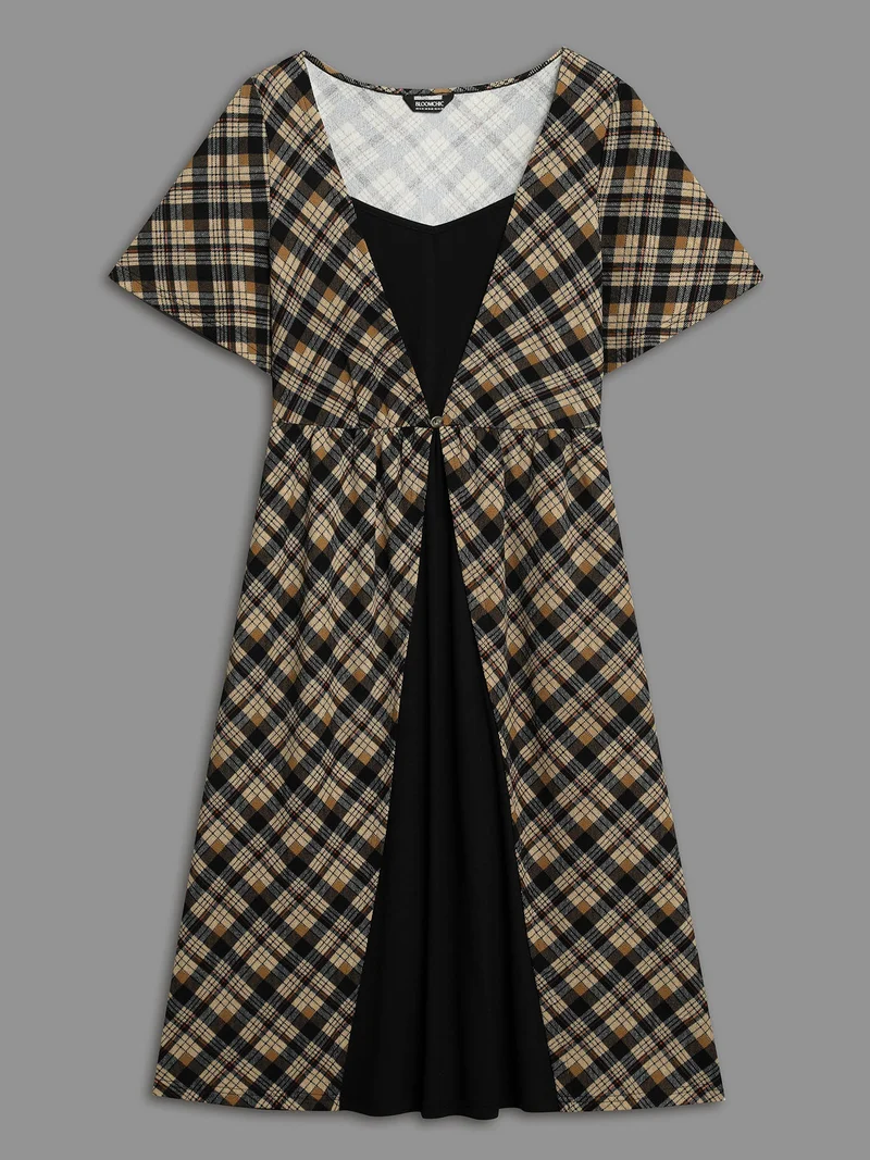 Plaid Color-Block Ruched Open Midi Dress