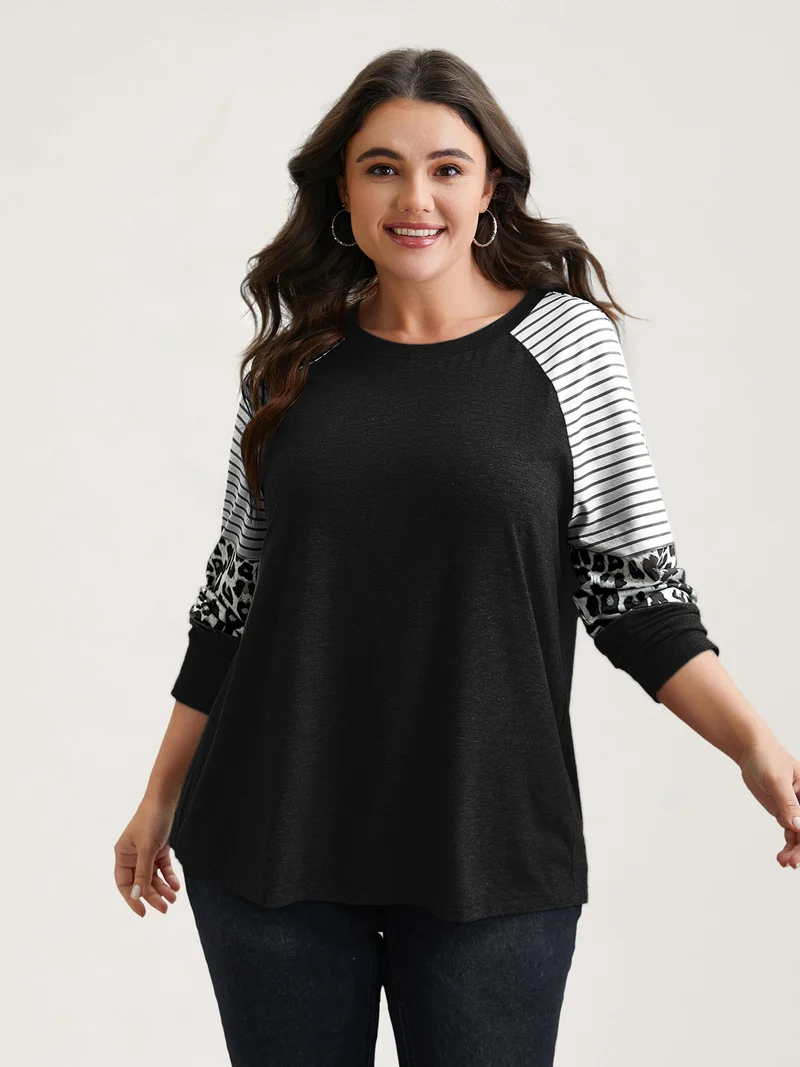 Mixed Leopard Print Raglan Sleeve T-Shirt