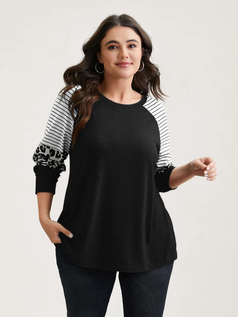 Mixed Leopard Print Raglan Sleeve T-Shirt