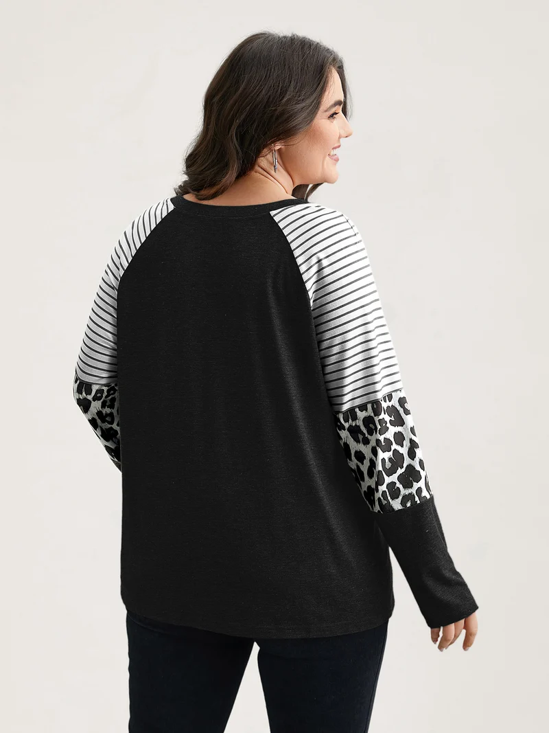 Mixed Leopard Print Raglan Sleeve T-Shirt