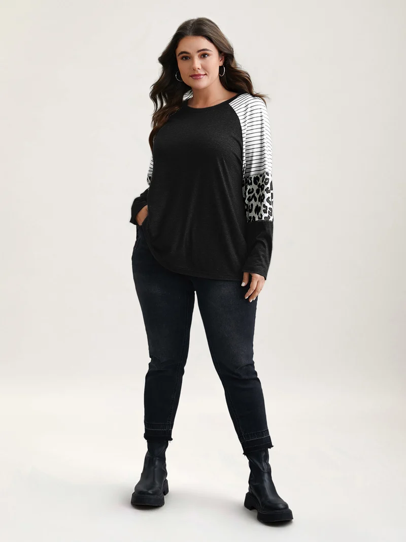 Mixed Leopard Print Raglan Sleeve T-Shirt