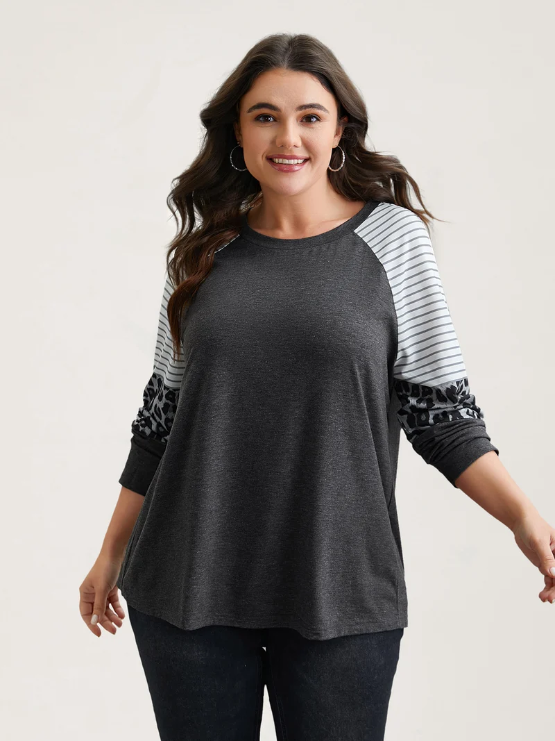Mixed Leopard Print Raglan Sleeve T-Shirt