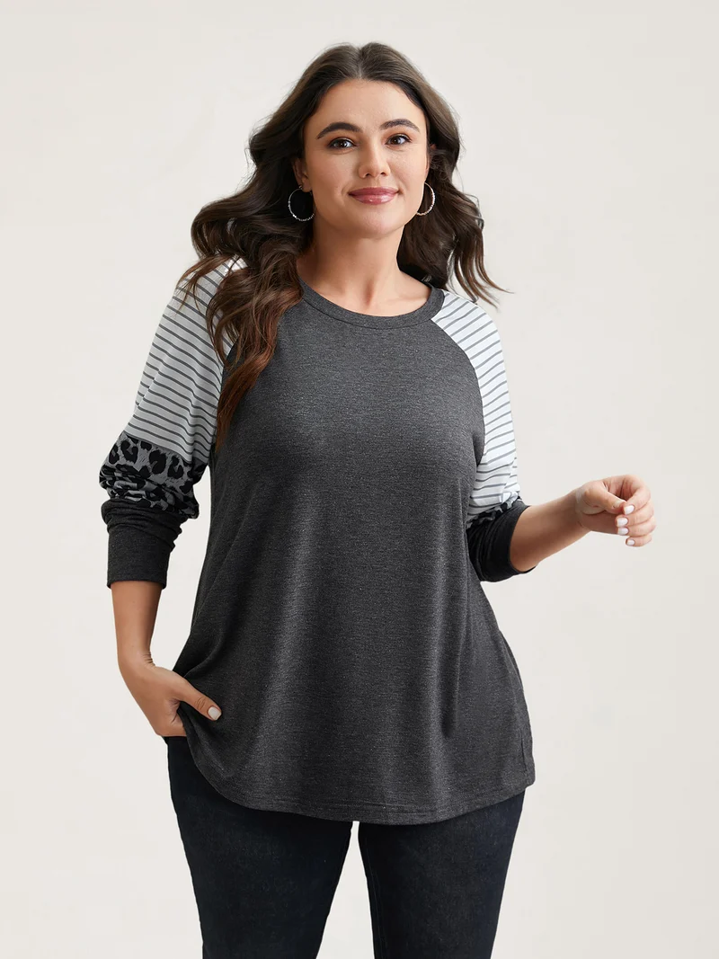 Mixed Leopard Print Raglan Sleeve T-Shirt