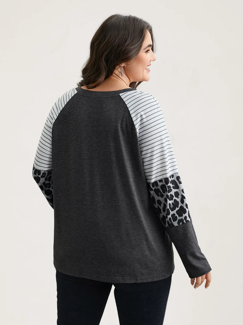 Mixed Leopard Print Raglan Sleeve T-Shirt
